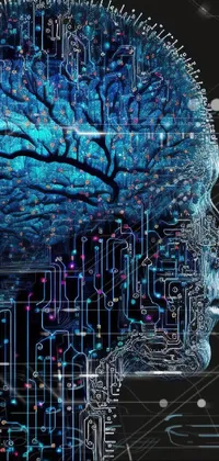 This <a href="/">phone live wallpaper</a> displays a digital artwork of a close-up of a head with a circuit board shaped like a brain, showcasing a blend of nature and technology