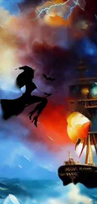 This bewitching phone live wallpaper features a stunning painting of a witch soaring on her broomstick over a stormy, bat-filled night sky