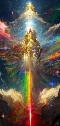 Experience the heavenly bliss of this phone live wallpaper showcasing a beautiful painting of an angel soaring through a mesmerizing rainbow-filled sky