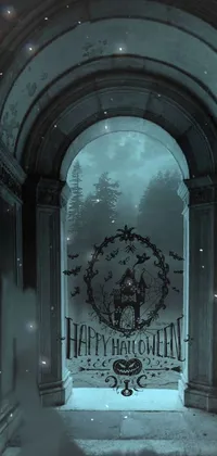 Find your zen with this gothic live wallpaper featuring a stunning doorway leading to a lush field with trees in the background