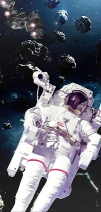 This exciting live wallpaper showcases a stunning space scene with an astronaut floating weightlessly against the backdrop of an ethereal planet