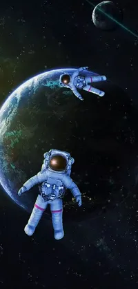 This live wallpaper features two astronauts floating together in space in a stunning multiverse scene