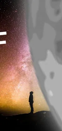 This mesmerizing live wallpaper features a lone figure standing atop a hill, gazing up at a stunning night sky
