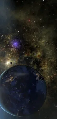 This stunning mobile live wallpaper features a mesmerizing close up view of a beautifully detailed planet set against a starry cosmic background