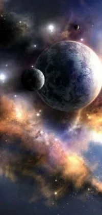 This phone live wallpaper features an enthralling depiction of planets floating in space with enigmatic space art