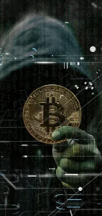 This live wallpaper features a dark and ominous figure in a hoodie holding a bitcoin, against a background of corrupted data and gloomy colors