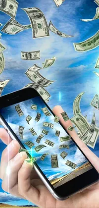 This live wallpaper showcases a surrealistic cellphone emitting a constant flow of money, ideal for iPhone background and screensaver usage