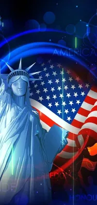 This live wallpaper for your phone features a beautiful digital art depiction of the Statue of Liberty holding the American flag