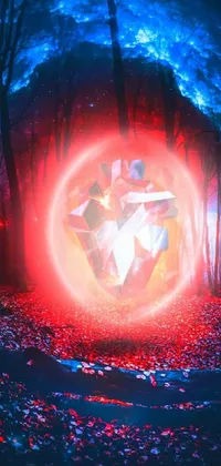 Transform your phone screen into a magical world with this stunning live wallpaper! The digital art depicts a glowing diamond in the heart of a serene forest along with a large sphere of red energy, enshrouded by lush foliage