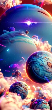 This live wallpaper features a group of colorful planets floating in outer space, surrounded by psychedelic water droplets, adding to the dreamlike atmosphere