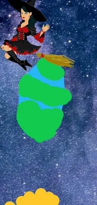 Enjoy a charming live wallpaper for your phone that depicts a cartoon witch on a broomstick flying in front of a swirling earth backdrop