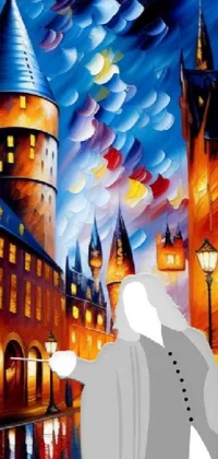 This stunning phone live wallpaper features a magical castle at night with a man in Hogwarts robes gazing up at it with wonder