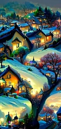 This phone live wallpaper showcases a mesmerizing digital painting of a snow-kissed village at night, ideal for winter