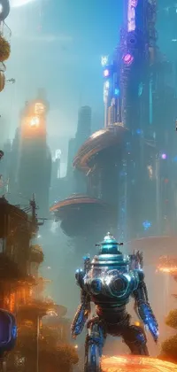 This phone live wallpaper features a futuristic cityscape with a towering robot standing at its center