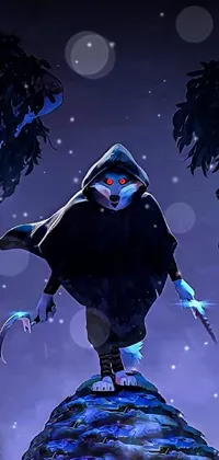 A mystic phone live wallpaper features a cartoon character standing on a rock in a medievil outfit, dark hood, ghost mask float and fierce spears
