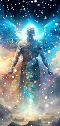 This phone live wallpaper features a breathtaking digital painting of an angel in the sky, created in the style of fantasy art