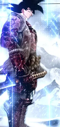 This live wallpaper features a warrior with a sword standing in the snow