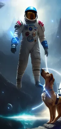 This stunning live wallpaper for your phone features a space-suited figure standing alongside an endearing dog, with incredible attention to detail