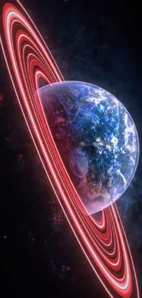 This phone live wallpaper showcases a highly detailed digital rendering of a planet encircled by a magnificent ring