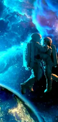 This mobile live wallpaper depicts a captivating digital art scene inspired by outer space, featuring a couple reuniting in the year 2045