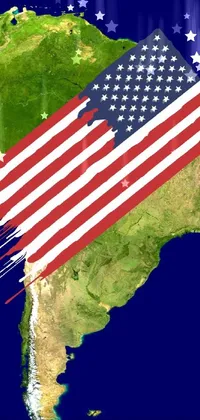 This live wallpaper for phones showcases an American flag on a map of South America while meteors fall from the sky in a stunning illustration