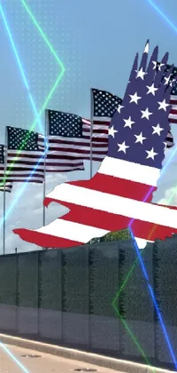 This live wallpaper showcases a row of American flags blowing in the breeze, set against a background of a battlefield in Wayne England's digital rendering