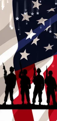 Get a patriotic phone wallpaper of soldiers in silhouettes standing in front of the American flag