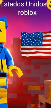 This phone live wallpaper features a Lego man standing in front of an American flag, adding a playful and patriotic touch to any phone screen