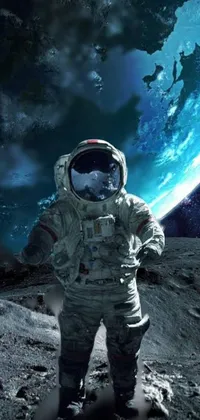 This live <a href="/">phone wallpaper</a> showcases a beautiful space art image of an astronaut standing on the moon with Earth in the background