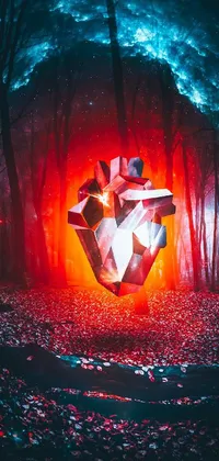 This phone wallpaper showcases a heart shaped object within a vibrant forest, with colorful lighting and stunning synthetic cubism