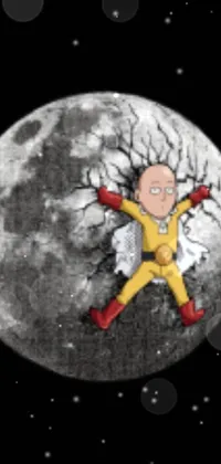 This live phone wallpaper showcases an amusing cartoon character seen standing on the moon