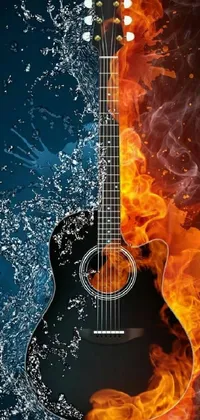 This dynamic live phone wallpaper features a stunning digital art depiction of a guitar bursting into flames while water cascades around it
