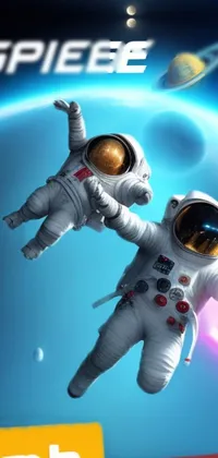 This space-themed live wallpaper features two astronauts in space surrounded by a colorful planet