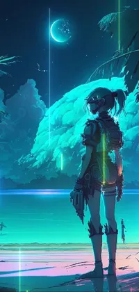 This phone live wallpaper showcases a cyberpunk and fantasy art-inspired world
