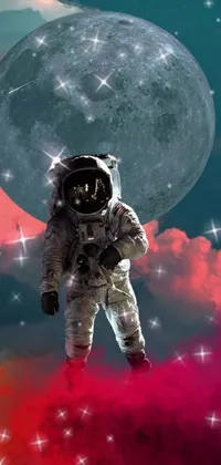 This live wallpaper for mobile features an awe-inspiring astronaut, floating weightlessly in the water in front of a large, strikingly red moon