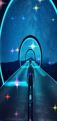 This stunning phone live wallpaper depicts a lone figure standing in the middle of an empty road, surrounded by towering structures and tunnels leading to alternate dimensions
