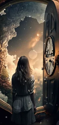 This enchanting live wallpaper features a woman standing in front of an open door, gazing out of a porthole window