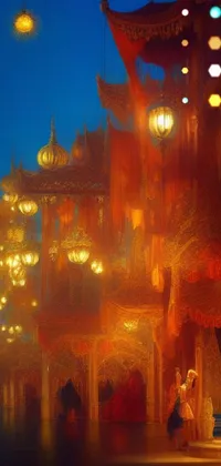 This live phone wallpaper features a panoramic matte painting of a fictional Asian city at night with intricate palace architecture and colorful glowing lanterns