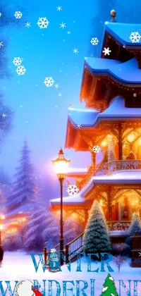 This live wallpaper features a beautifully detailed digital painting of a snow-covered building and street scene, inspired by fantasy art
