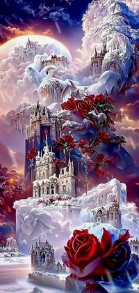 This stunning phone live wallpaper by a talented artist features a magnificent castle sitting atop a snow-covered hill