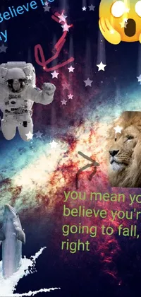 This phone live wallpaper depicts an astronaut and a lion in a multiverse, surrounded by space objects such as planets, galaxies, and stars