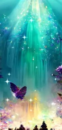 This live phone wallpaper is a mystical forest scene featuring a waterfall, purple flowers, butterfly lighting, and magical sparkling dust