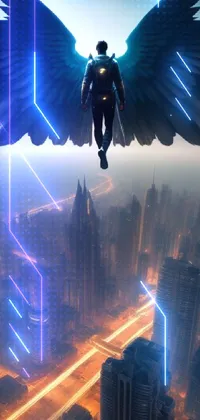 Experience a stunning phone live wallpaper that showcases a digital art piece of a man soaring over a city with black angel wings