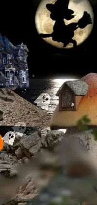 This phone live wallpaper features a Halloween scene, complete with glowing pumpkins, a full moon, and a spooky witch's hut