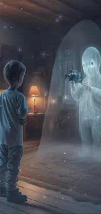 This live wallpaper depicts a photorealistic horror scene of a young child and a ghostly hologram in an attic