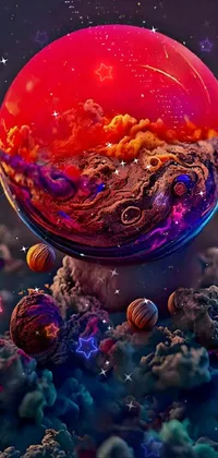 This phone live wallpaper features a vibrant red ball balanced on a bed of fluffy clouds and an 8k highly detailed digital space art
