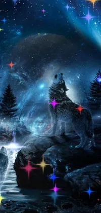 Discover a stunning live wallpaper for your phone featuring a majestic wolf on top of a rock in a detailed forest setting