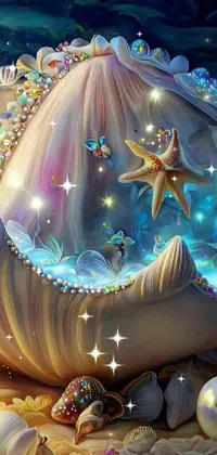 This live wallpaper depicts a shell with a starfish inside, set in an underwater scene