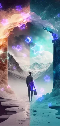 Looking for a phone wallpaper that combines science fiction and dreamy artwork to create a beautiful and mysterious scene? Look no further than this digital art live wallpaper, featuring a man gazing out from in front of a misty cave, with cosmic portals that may lead to other worlds in the distance