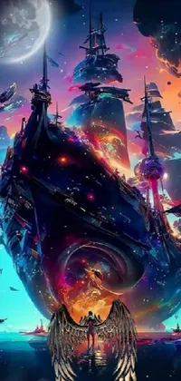 This live phone wallpaper showcases a stunning fantasy art illustration with a man adorned with vibrant dreadlocks set against a neon pirate ship, surrounded by colorful skies